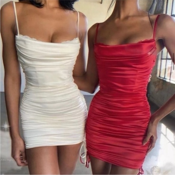 Oh Polly! All For You Ruched Bodycon Satin Mini Dress in Red US Sz 4 - Picture 4 of 14